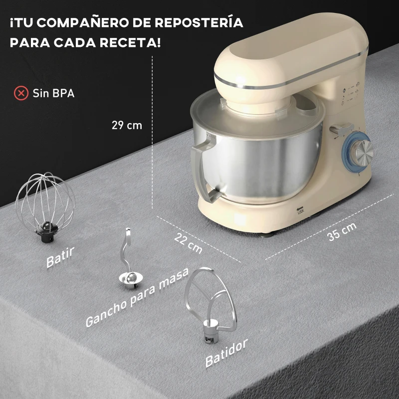 HOMCOM Batidora Amasadora 4,5L 1300W 6 Velocidades Bol de Acero Inoxidable Batidor Gancho Varilla Beige