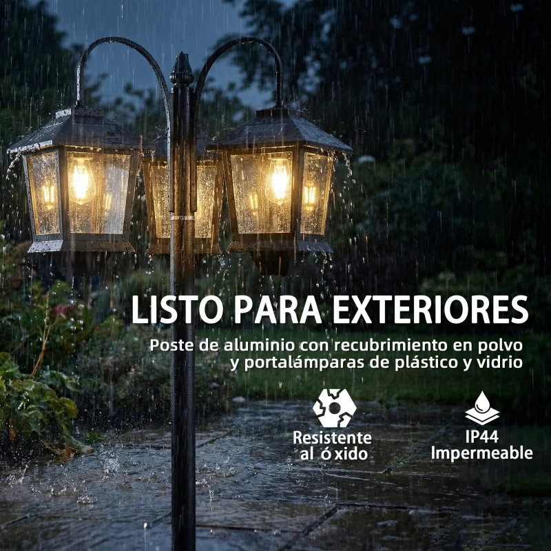 Outsunny Farola Solar Exterior de Jardín de Aluminio con 3 Cabezales con Encendido/Apagado Automático IP44 40x34,5x188 cm Negro