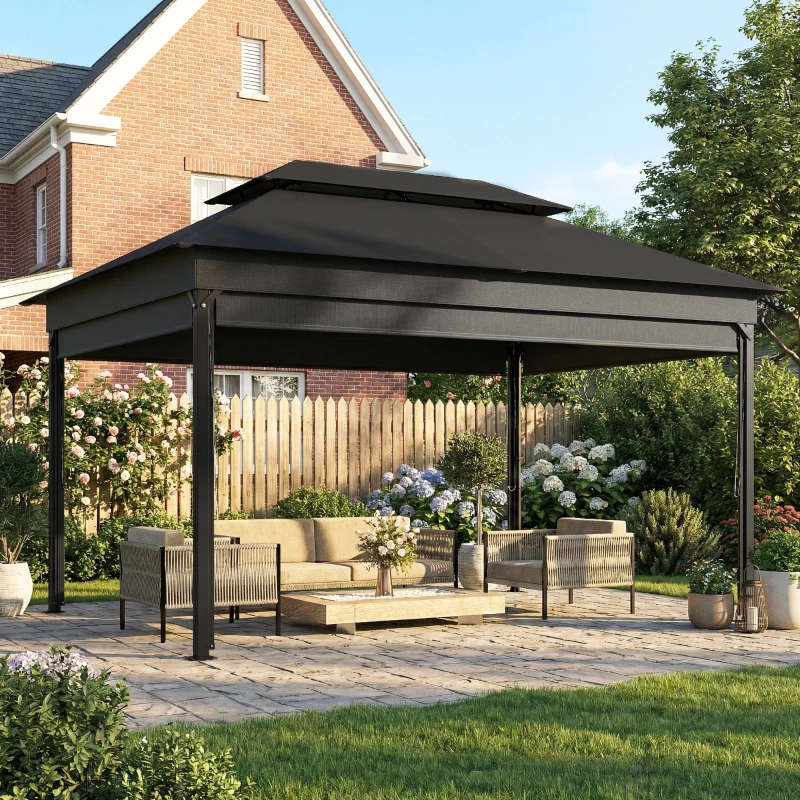 Outsunny Gazebo da Giardino 4x3 m con Tende Laterali, Doppio Tetto, Fori di Drenaggio, Grigio Scuro