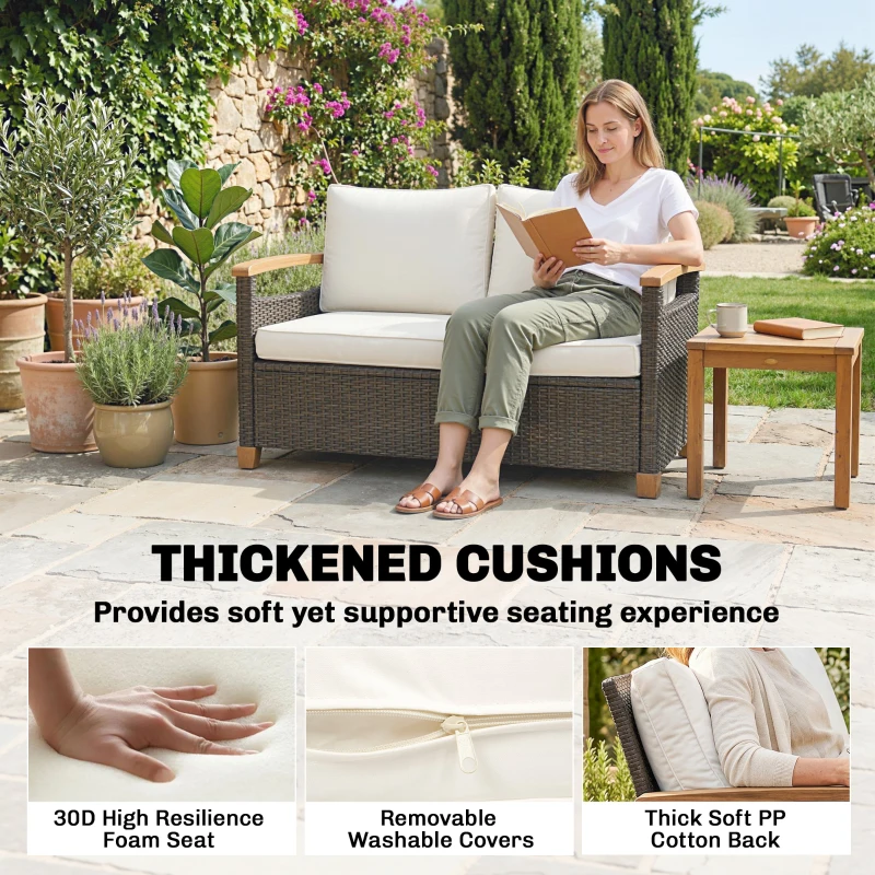 Outsunny 2 Seater Rattan Garden Sofa, Outdoor Sofa with Thickened Cushions and Acacia Wood Armrests, Brown