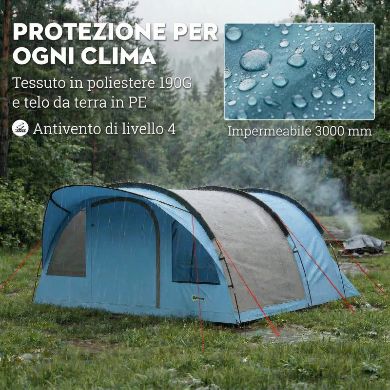 Outsunny Tenda Campeggio a Tunnel per 2-4 Persone Alta 200cm con 2 Stanze, Impermeabile 3000mm per Trekking, Azzurro