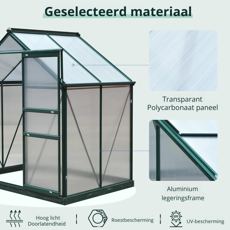 Outsunny kas aluminium kas met dakraam deur 190 x 132 x 201 cm plantenhuis met fundering inloop tomatenhuis weerbestendig polycarbonaat groen + transparant