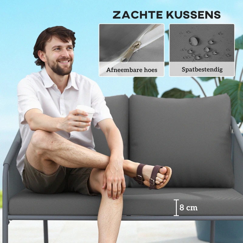 Outsunny Tuinbank met Kussens 2-Zits Rattan Sofa Lounge Sofa voor Buiten - Balkon Sofa 112 x 72 x 76 cm Grijs