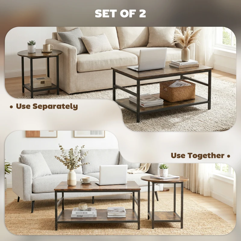 HOMCOM Zestaw stolików kawowych, 2-częściowy, prostokątny i okrągły z 2-poziomowym miejscem na przechowywanie, rustykalny brąz