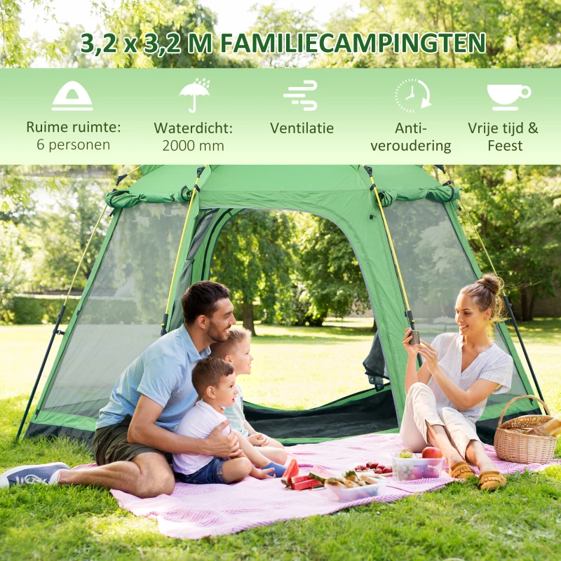 Outsunny Kampeertent 6 Persoons Tent Familietent Koepeltent PU2000mm Gemakkelijk op te zetten voor gezinnen Trekking Festival Staal Glasvezel Groen 320 x 320 x 180 cm