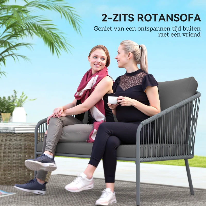 Outsunny Tuinbank met Kussens 2-Zits Rattan Sofa Lounge Sofa voor Buiten - Balkon Sofa 112 x 72 x 76 cm Grijs
