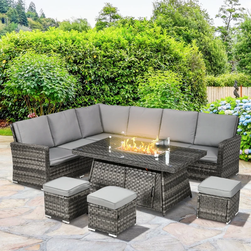 Outsunny All-Season Fire Pit Patio Furniture Set Wicker Sofa Set With 50000 Btu Fire Table For Outdoor Gatherings - Grey