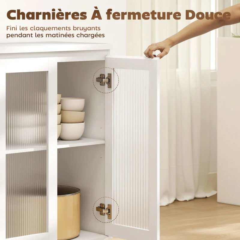 HOMCOM Buffet salon, meuble de rangement avec 4 tiroirs et 2 portes en verre trempé, étagère réglable, 120 x 40 x 91 cm, blanc