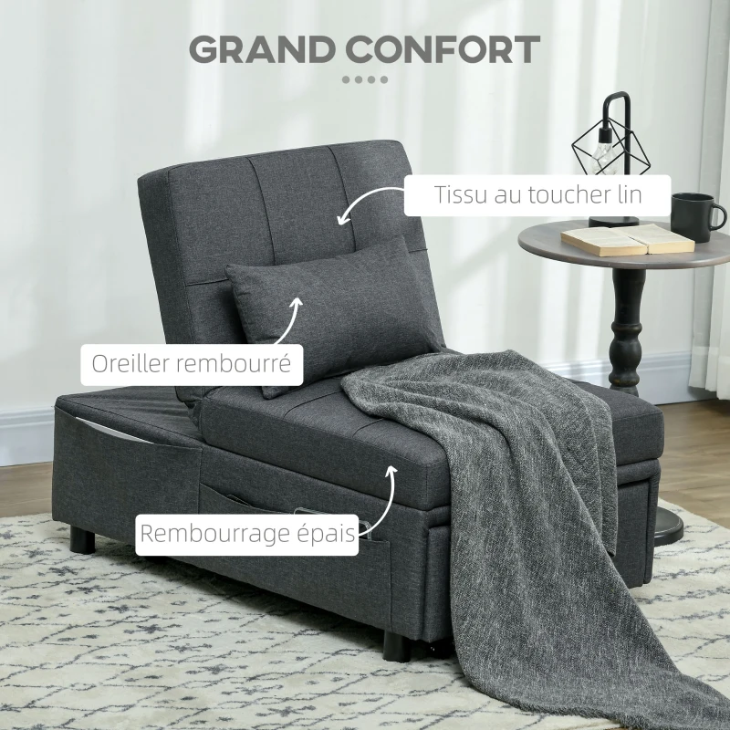 HOMCOM Fauteuil convertible 1 place fauteuil lit avec dossier réglable, siège rembourré et oreiller, gris