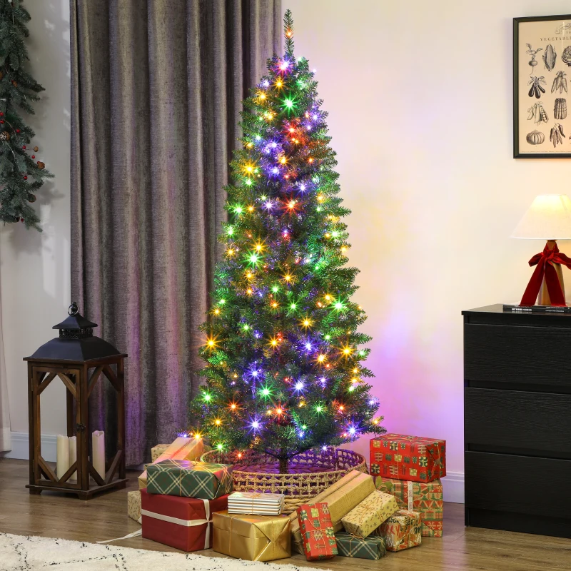 HOMCOM Sapin de Noël artificiel 180 cm, arbre de Noël fin avec 250 lumières, 899 pointes, support en métal pliable, vert