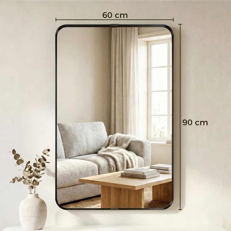 HOMCOM Rectangular Wall Mirror, 90 x 60 cm Wall Mounted Bathroom Mirror with Aluminium Alloy Frame and Tempered Glass, Black