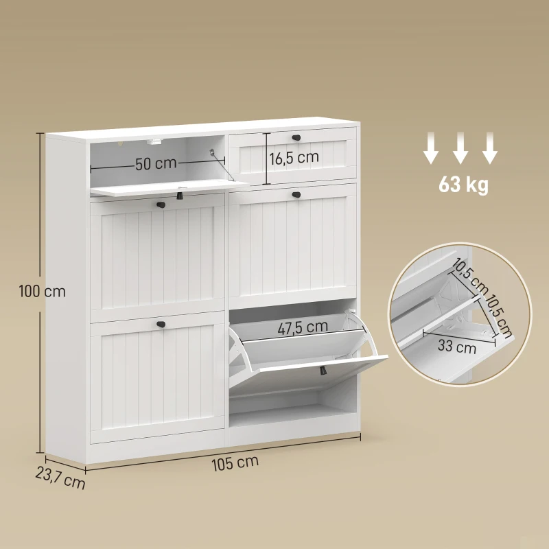 HOMCOM Meuble à chaussures 20 paires, armoire à chaussures étroite avec 4 tiroirs rabattables, 2 compartiments, blanc