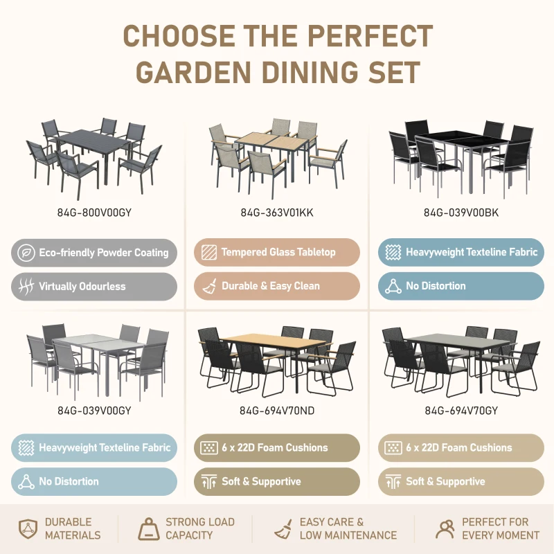Outsunny 6 Seater Garden Dining Set with Soft Cushions, Rattan Backrest, Rectangular Plastic Top, Garden Furniture Set, Outdoor Dining Table and Chairs for Patio, Balcony, Poolside, Grey