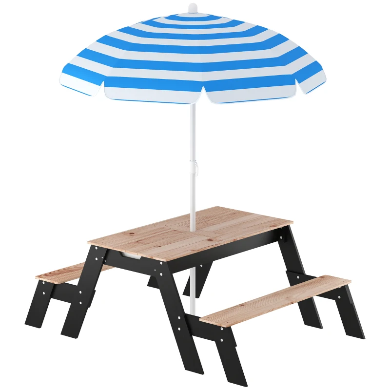 AIYAPLAY Table de pique-nique enfants avec parasol, 3 en 1 salon de jardin en bois pour enfants 3-6 ans avec 2 boîtes, naturel