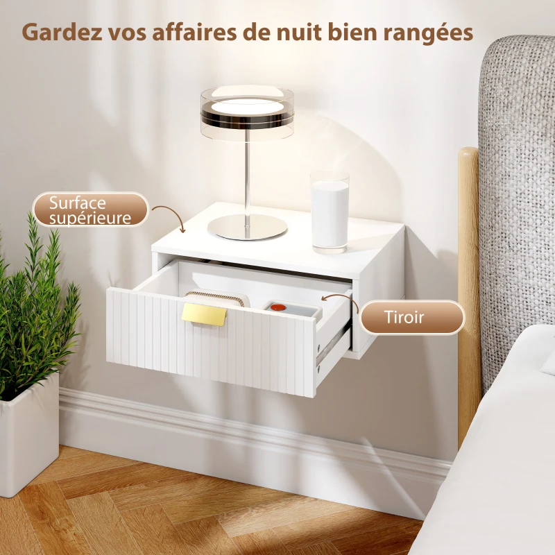 HOMCOM Lot de 2 tables de chevet murales, tables de nuit suspendues avec tiroir ondulé, 40 x 30 x 15 cm, blanc