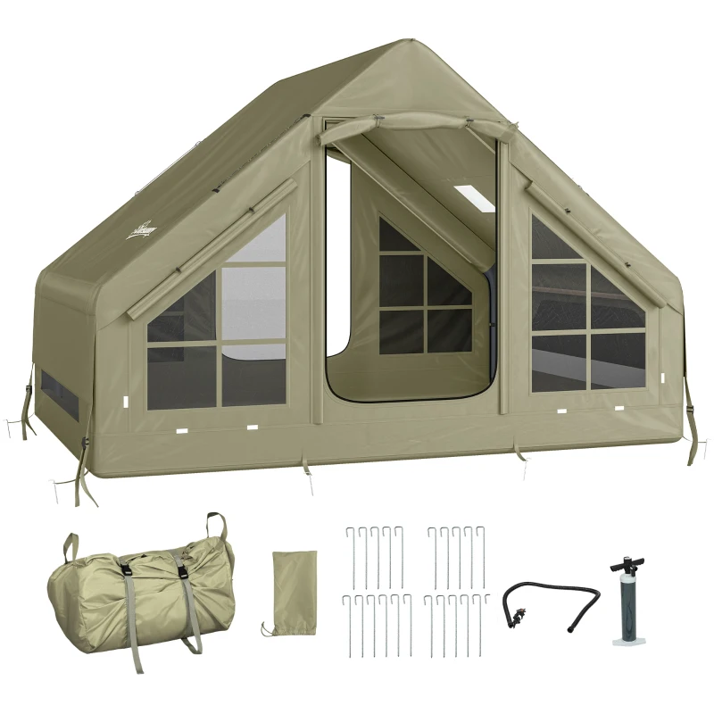 Outsunny Inflatable Camping Tent with Pump and Stove Jack Hole, Luxury Inflatable Tent with Mesh Windows, Doors, Olive Green
