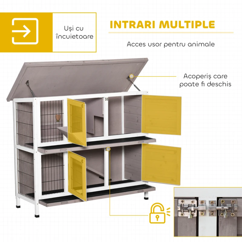 PawHut cușcă pentru iepuri din lemn cu 2 niveluri, acoperiș rabatabil, hrănitoare și tăvițe detașabile, 122x50x101 cm, maro
