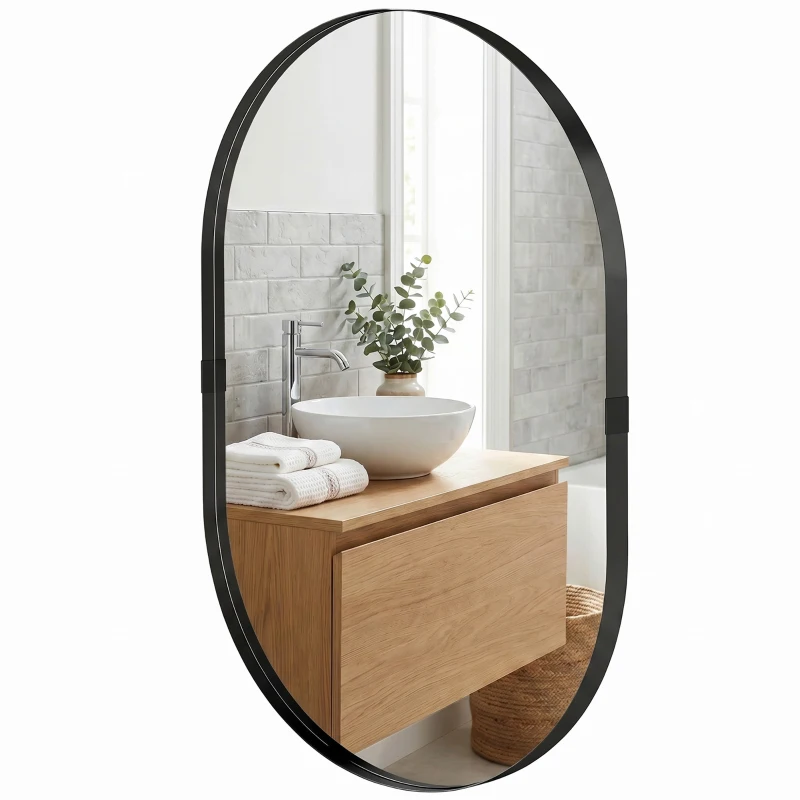 HOMCOM Wandspiegel, dekorativer Spiegel 60 x 90 cm aus gehärtetem Glas mit Aluminiumrahmen, für Schlafzimmer, Wohnzimmer, Flur, schwarz