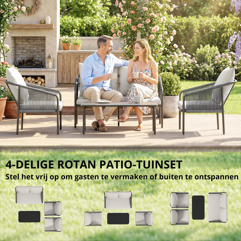 Outsunny Tuinmeubelset 4-delig polyrattan loungeset met tweezitsbank, 2 fauteuils, salontafel, afneembare kussens met banden