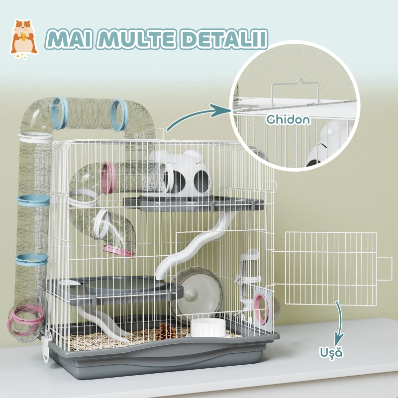 PawHut Cușcă pentru Hamsteri pe 3 Niveluri și 14 Tuburi cu Căsuță, Rampă și Accesorii, din Metal și Plastic, 45x30x45 cm, Gri