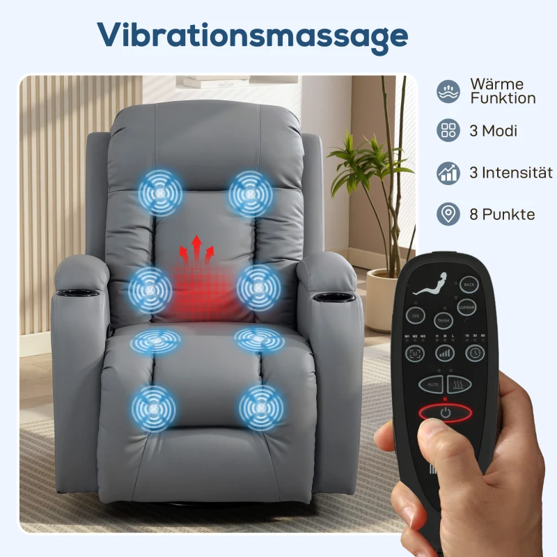 HOMCOM Massagesessel mit Wipp-, Liege- & Wärmefunktion, 3 Modi, drehbar, Hellgrau