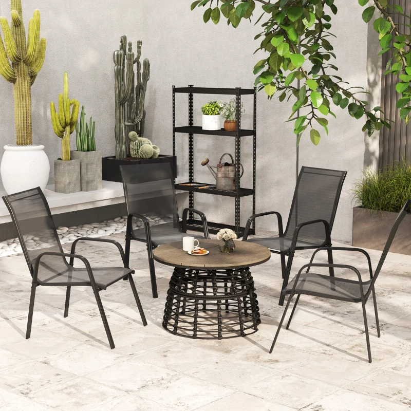 Outsunny Set 4 Sedie da Giardino Impilabili e Salvaspazio con Braccioli in Metallo e Tessuto a Rete, Nero
