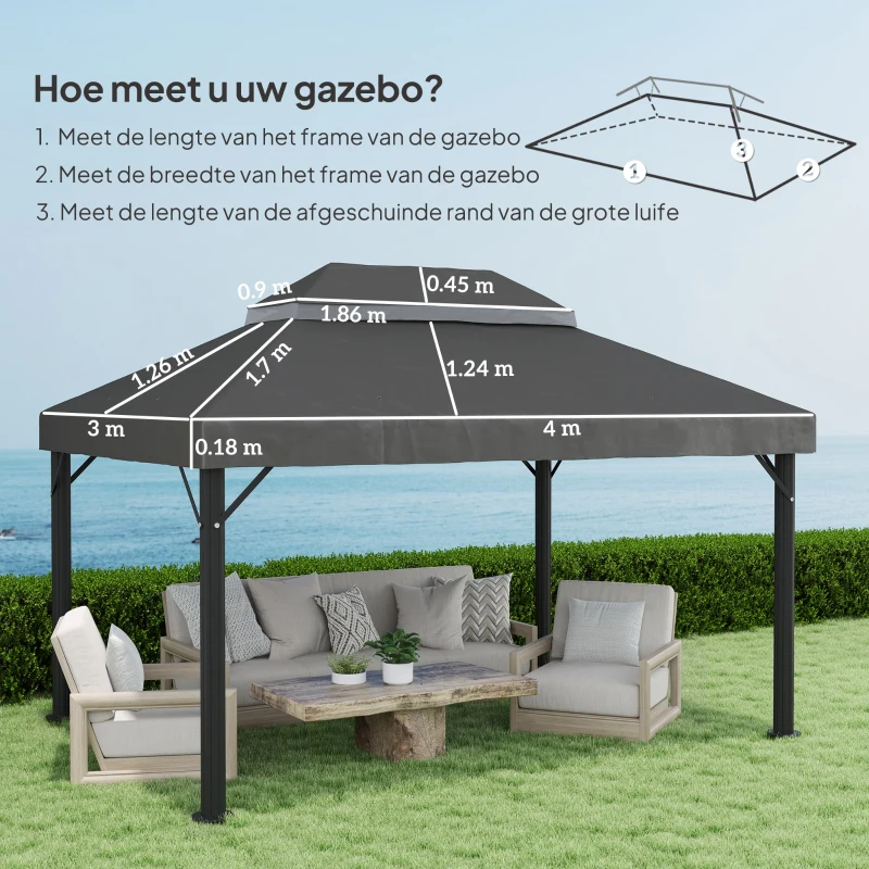 Outsunny Paviljoen vervangingsdak, 3 x 4 m, vervangingshoes met waterafvoeropeningen, Polyester, Zonbescherming, UPF30+, Donkergrijs