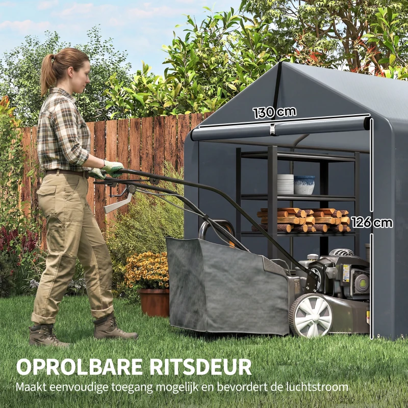 Outsunny Garagetent 2,2 x 1,6 m Waterdicht Bergingstent met Oprolbare Deur Zadeldak Stalen Frame, UV-bestendig Donkergrijs