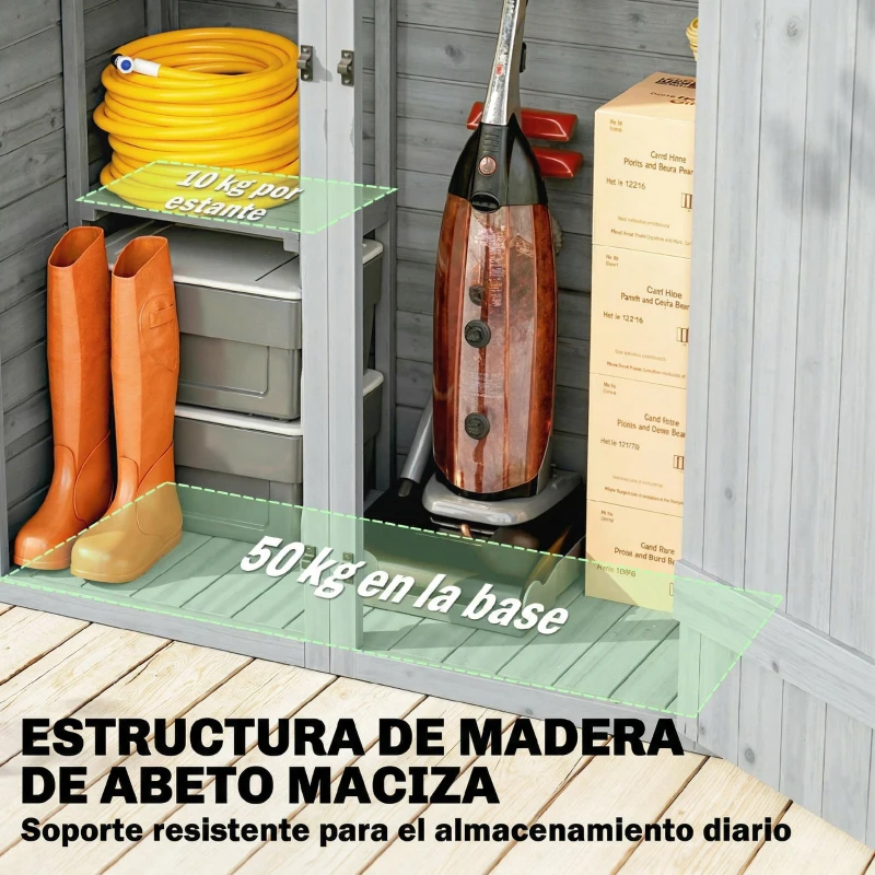 Outsunny Caseta de Jardín de Madera 115x53x156 cm Armario para Herramientas con Puertas Dobles y Estantes Techo Inclinado Gris