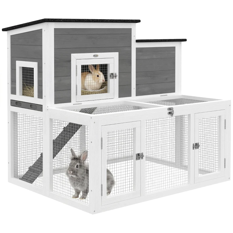 PawHut Clapier Lapin Extérieur en Bois Cage à Lapin Intérieur Double Toit Ouvrant Imperméable 2 Niveaux avec Enclos Gris