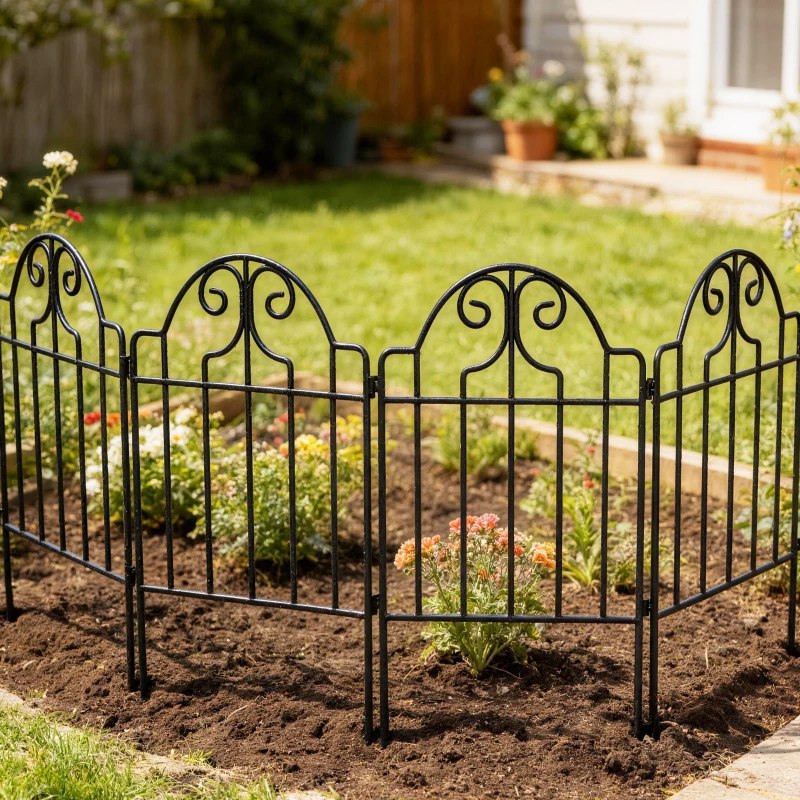 Outsunny Set de 4 Vallas de Jardín Metálicas 125x57 cm con Diseño Arqueado Resistente Fácil de Instalar para Patio Césped Negro