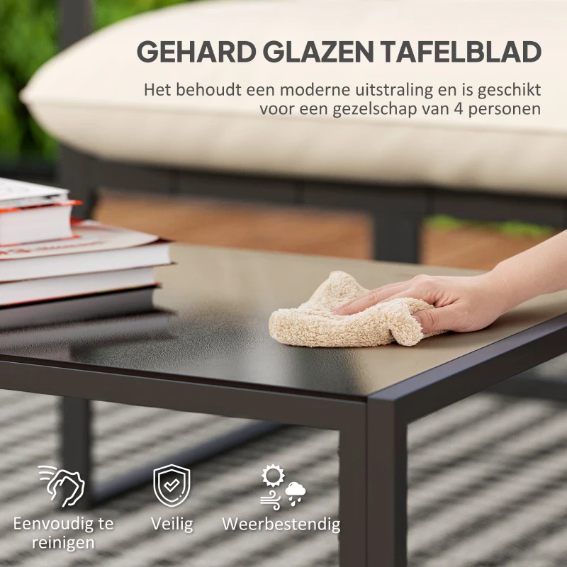 Outsunny Tuinmeubelset met Glazen Tafel, 2 Stoelen, 1 Bank, Weerbestendig, 114 cm x 70 cm x 67 cm, Grijs+Beige
