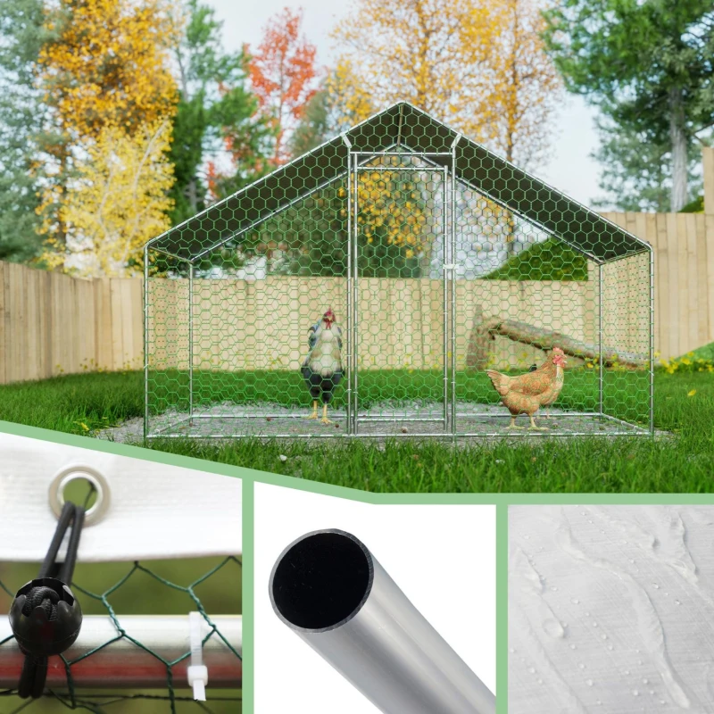 Freilaufgehege Hühnerstall mit Sicherheitsschloss und Wasserdichtes PE-Tuch, für Hühner, Kaninchen und weitere Kleintiere, 303x157x200 cm, Silber