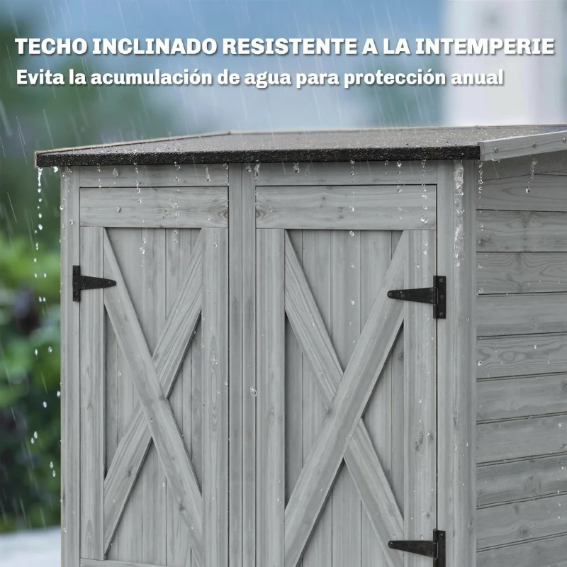 Outsunny Caseta de Jardín de Madera 115x53x156 cm Armario para Herramientas con Puertas Dobles y Estantes Techo Inclinado Gris