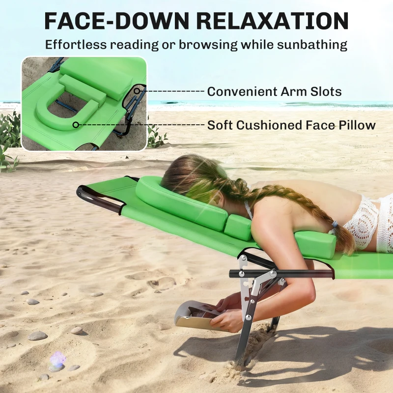 Outsunny Folding Sun Lounger with Face Hole, 4-Position Adjustable Backrest Garden Recliner Chair Sunbed, Outdoor Lounge Chair with 600 D Oxford Cloth Seat, Pillow for Beach, Green