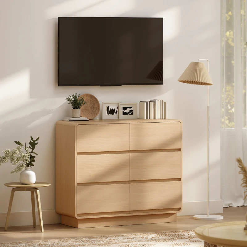 HOMCOM 100 cm Sideboard, Buffetschrank mit 6 Schubladen, Kommode für Küche, Wohnzimmer, Esszimmer, Naturholz