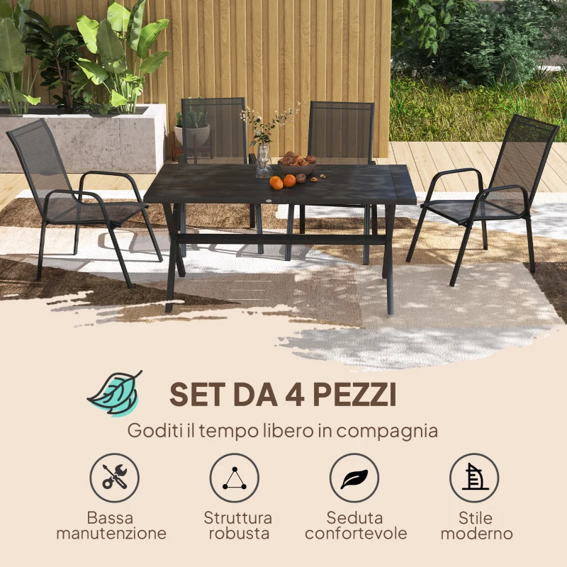 Outsunny Set 4 Sedie da Giardino Impilabili e Salvaspazio con Braccioli in Metallo e Tessuto a Rete, Nero