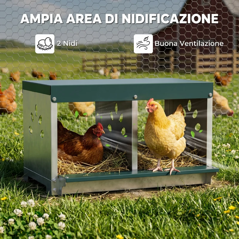 PawHut Nido per Galline Ovaiole in Acciaio a 2 Aree con Base Rialzata, Tetto e Fori di Ventilazione, Argento