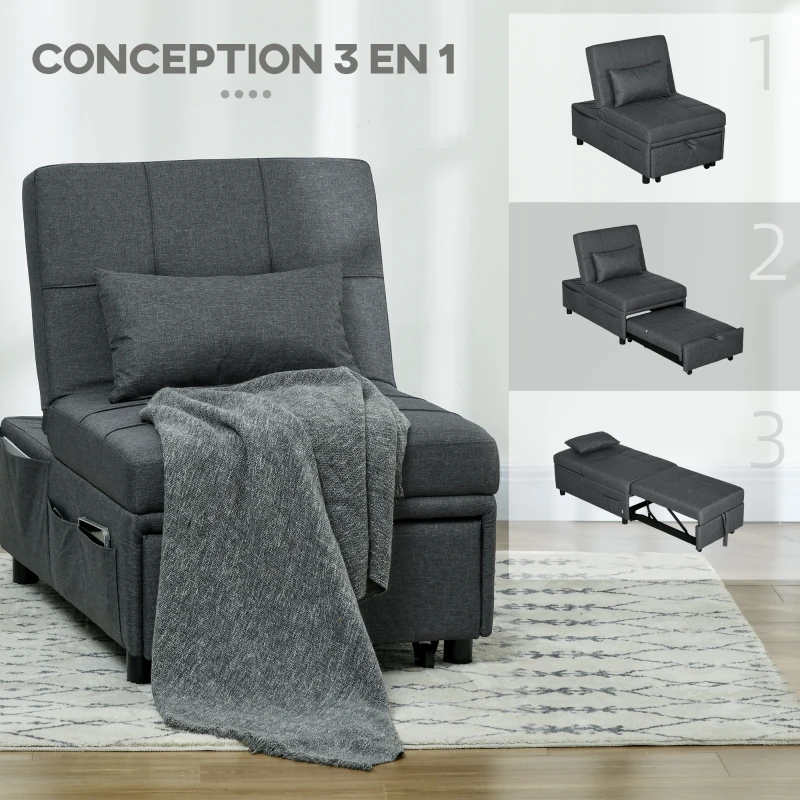 HOMCOM Fauteuil convertible 1 place fauteuil lit avec dossier réglable, siège rembourré et oreiller, gris