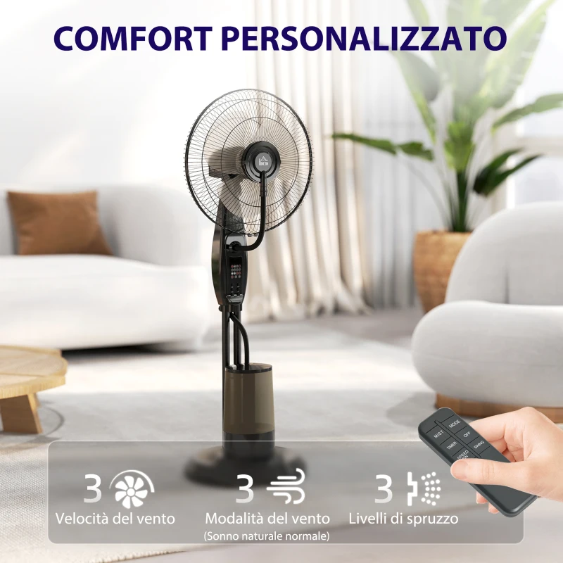 HOMCOM Ventilatore Nebulizzatore con Serbatoio 3.2L, 3 Modalità e 3 Velocità, Oscillazione 70°, Timer, Telecomando
