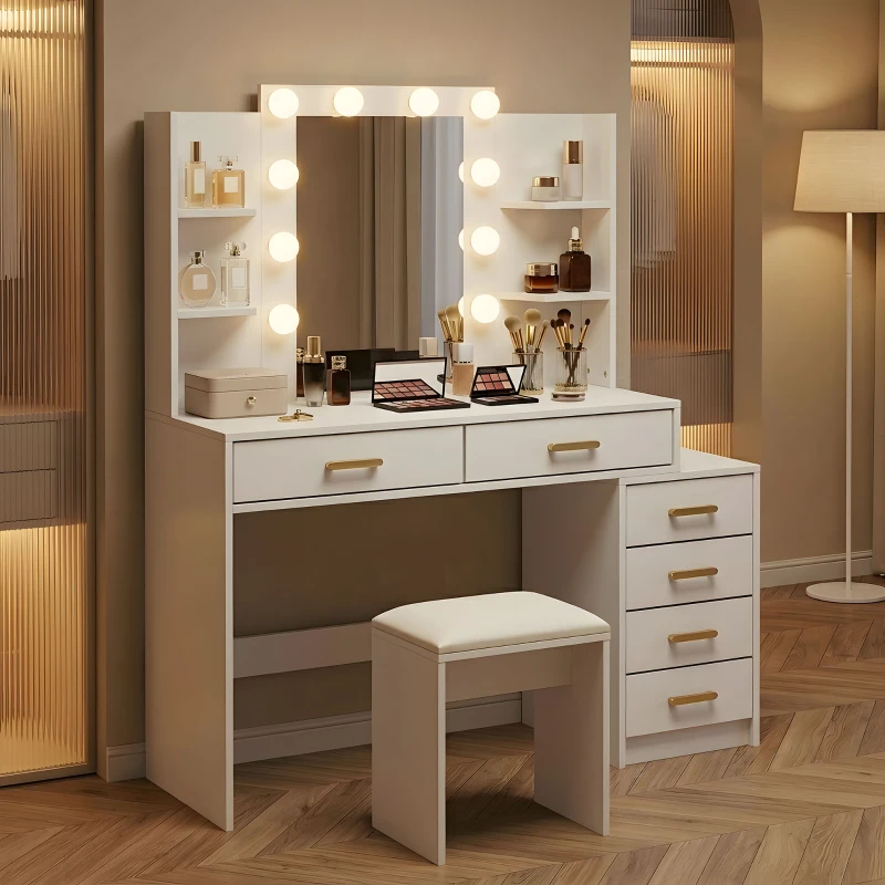 HOMCOM Schminktisch mit beleuchtetem Spiegel und gepolstertem Hocker, Schminkset mit 6 Schubladen und Ablagen, Weiß