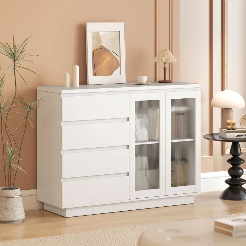HOMCOM Buffet salon, meuble de rangement avec 4 tiroirs et 2 portes en verre trempé, étagère réglable, 120 x 40 x 91 cm, blanc
