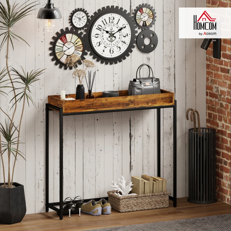 HOMCOM Slim Console Table with Raised Tray, Metal Frame – Rustic Brown
