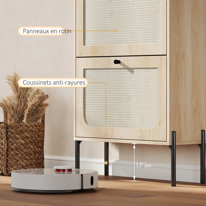 HOMCOM Meuble à chaussures 12 paires, armoire à chaussures, 2 tiroirs rabattables, portes en rotin et étagères réglables, chêne