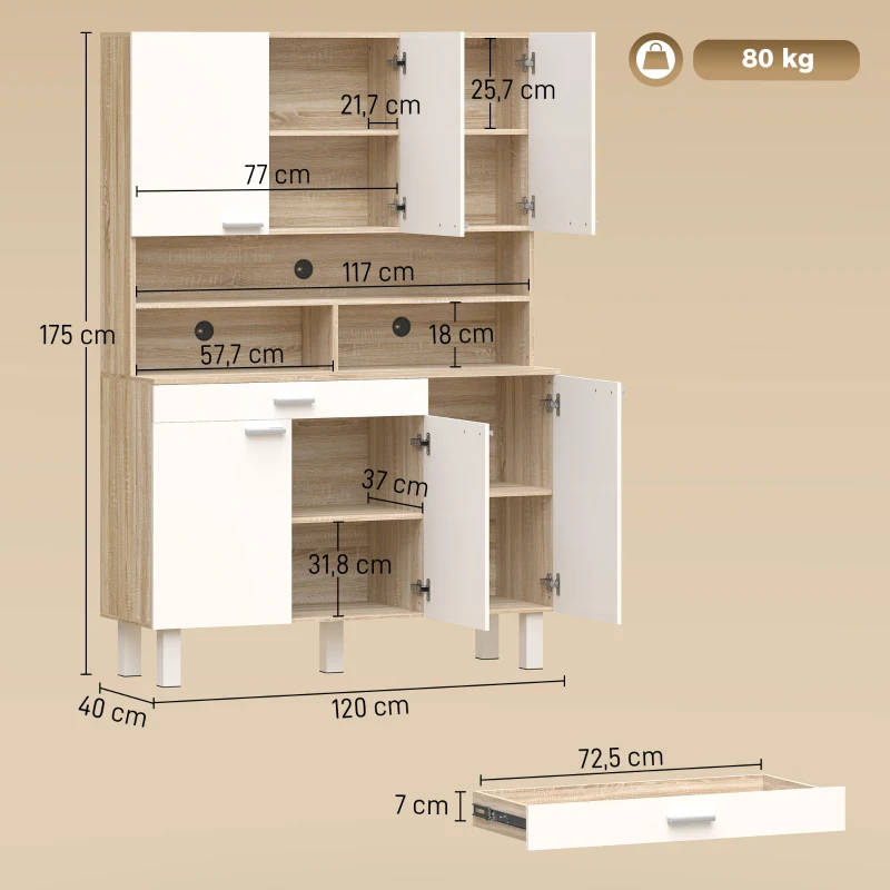 HOMCOM Küchen-Hochschrank mit 6 Türen und großer Schublade Regale Arbeitsfläche für Mikrowelle 120x40x175 cm Weiß