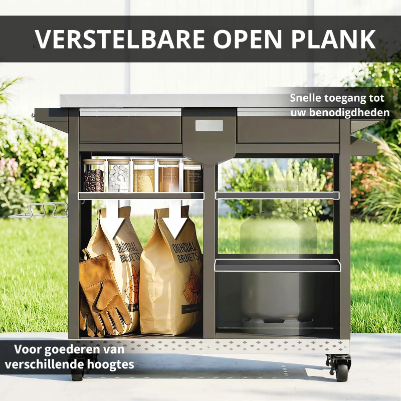 Outsunny Grillwagen met 5 niveaus, roestvrijstalen werkblad, verstelbare planken, lade, wielen, kruidenrek en handdoekhouder