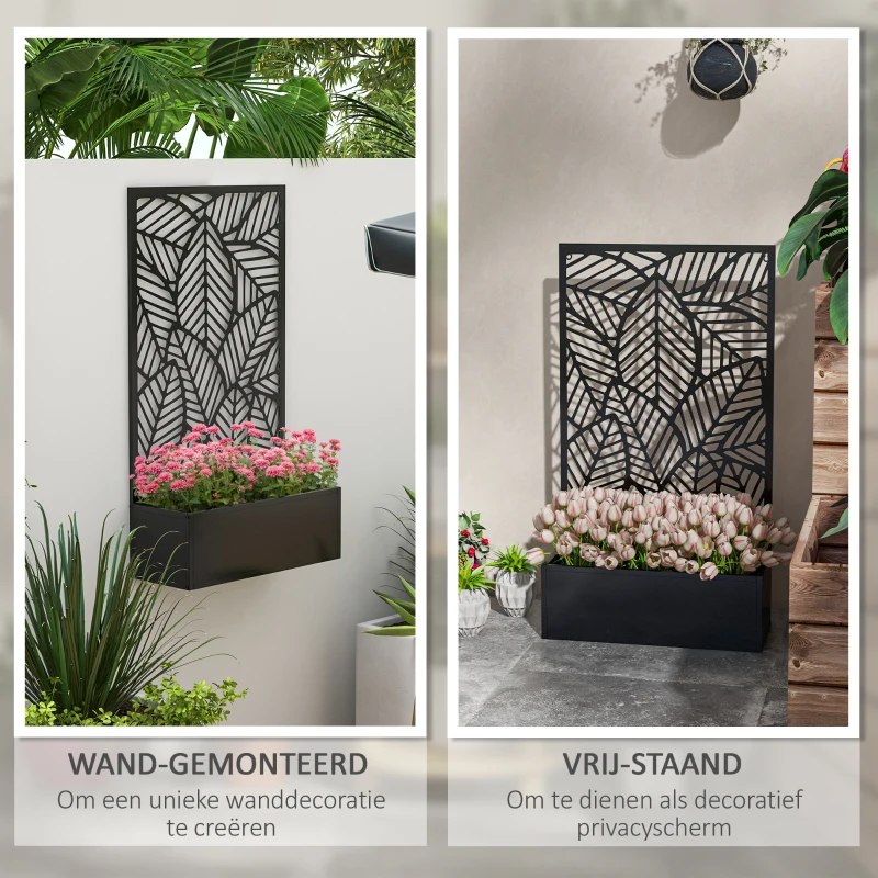 Outsunny Privacy Scherm met Bloemenbed, Buitenafscheiding, Scheidingswand met Bloemenbak, Metaal, Zwart