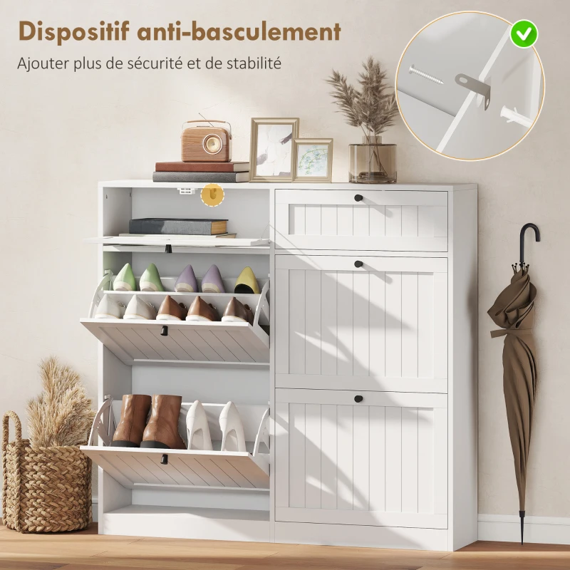 HOMCOM Meuble à chaussures 20 paires, armoire à chaussures étroite avec 4 tiroirs rabattables, 2 compartiments, blanc