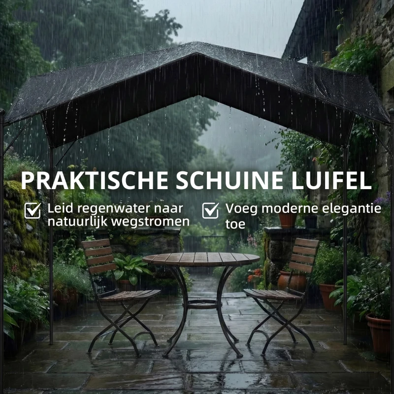 Outsunny Pergola paviljoen 3x3m waterafstotend stabiel winterbestendig zonbescherming met zadeldak driehoekige verstevigingen