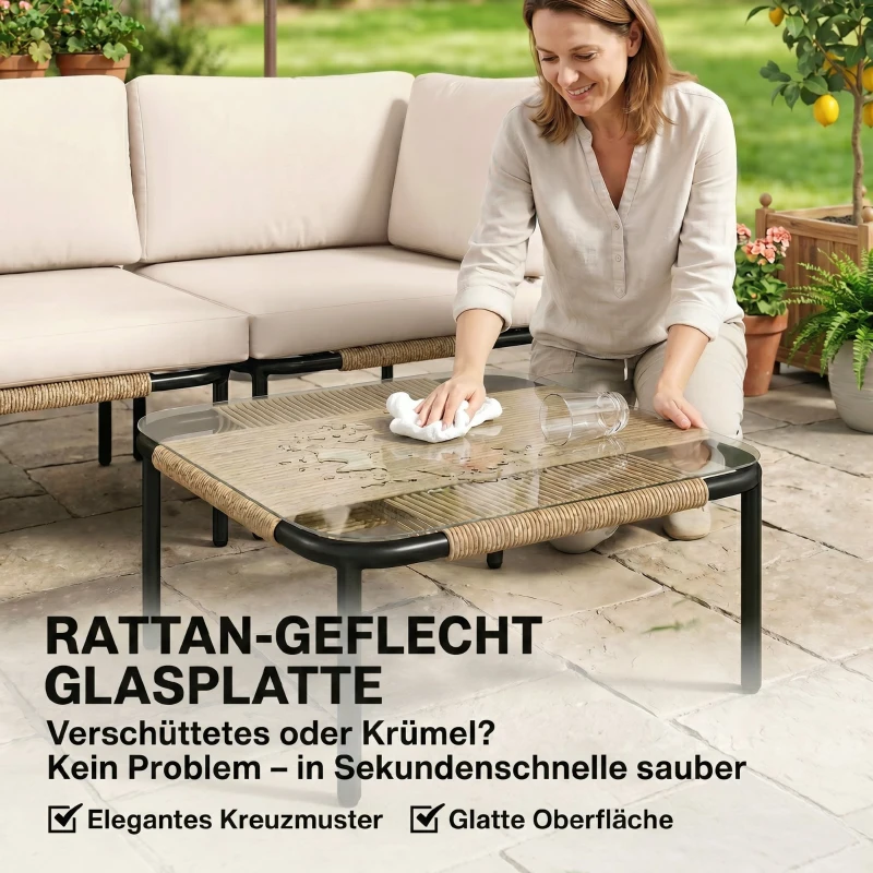 Outsunny Polyrattan Gartenmöbel Set 5-teilig Lounge Set mit 3 Sessel Glastisch Hocker Breit & Tief Sitz abnehmbar Kissen